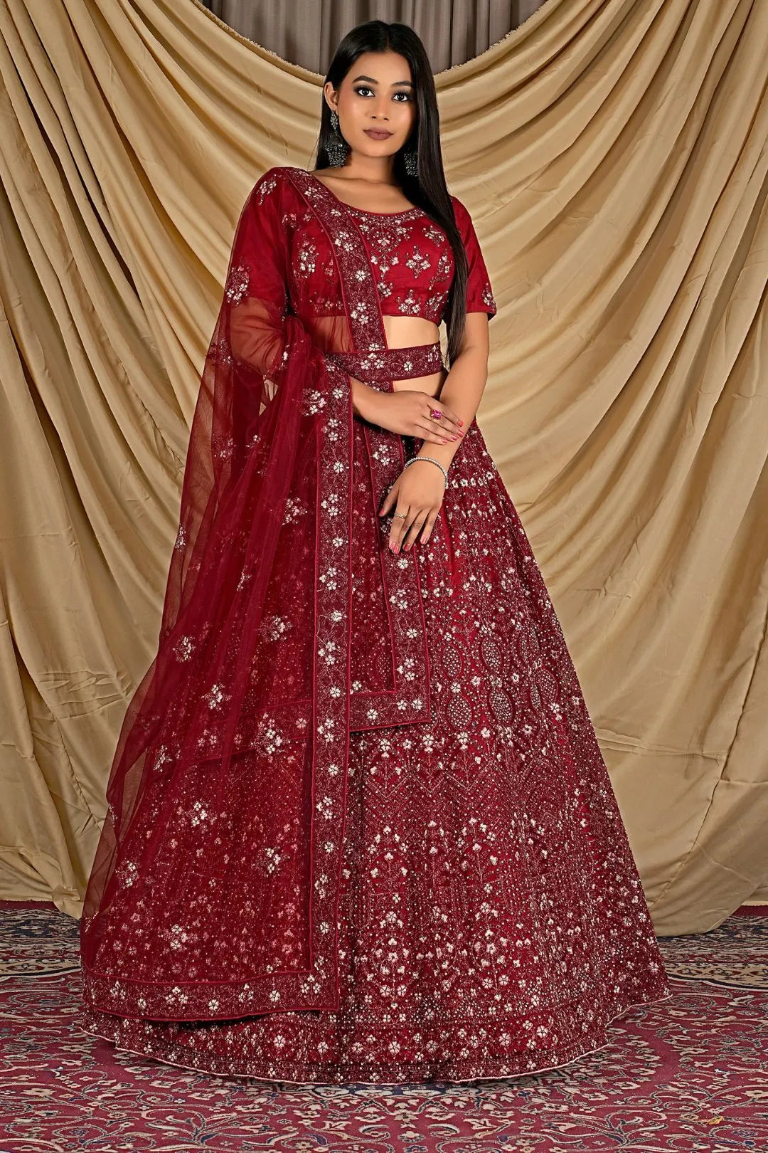 Maroon Party Wear Embroidered Net Lehenga Choli For Women