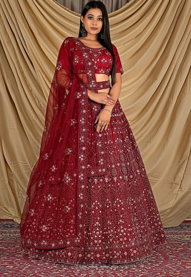 Maroon Party Wear Embroidered Net Lehenga Choli For Women