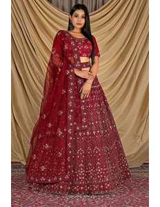 Maroon Party Wear Embroidered Net Lehenga Choli For Women