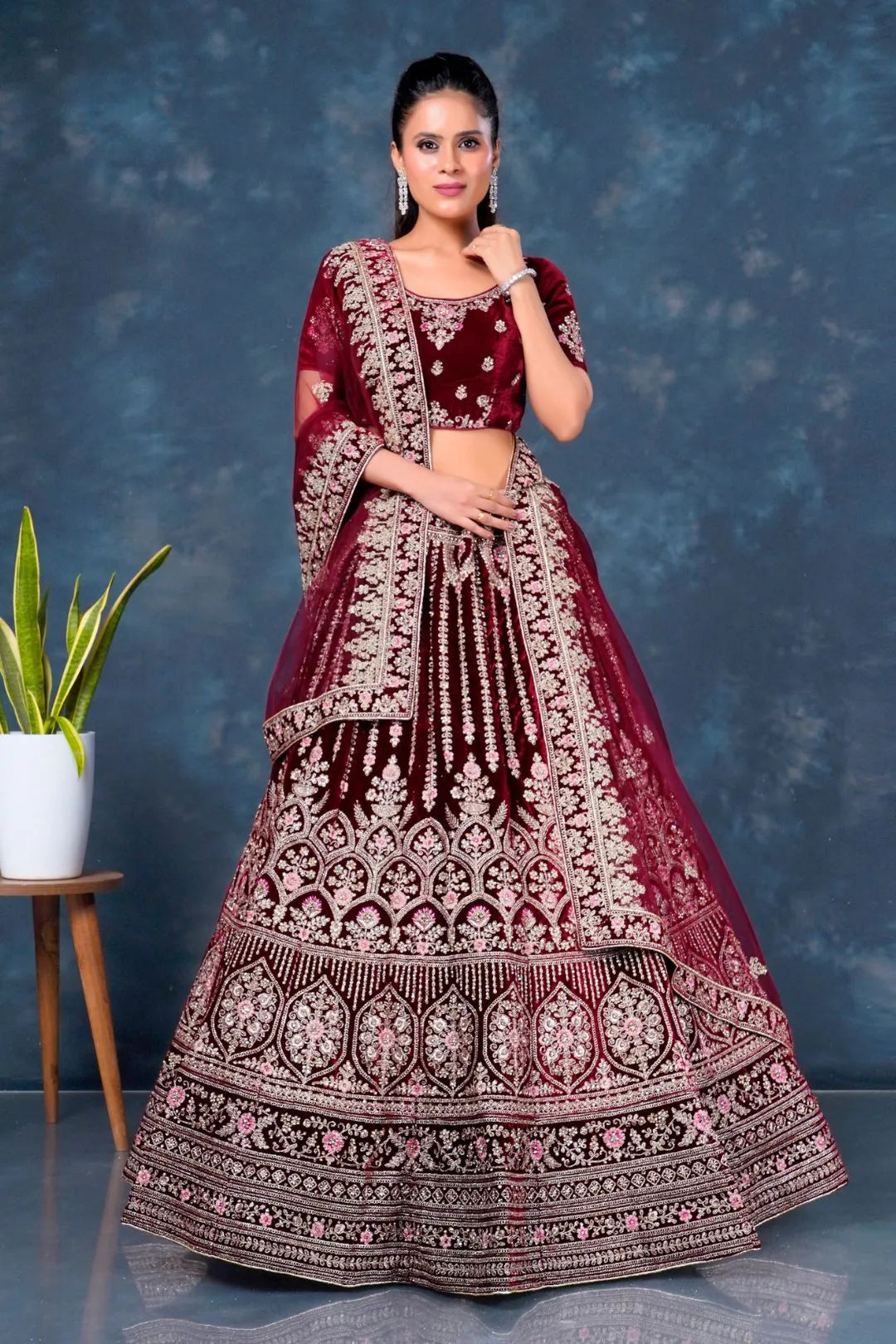 Maroon Velvet Bridal Lehenga Choli For Wedding