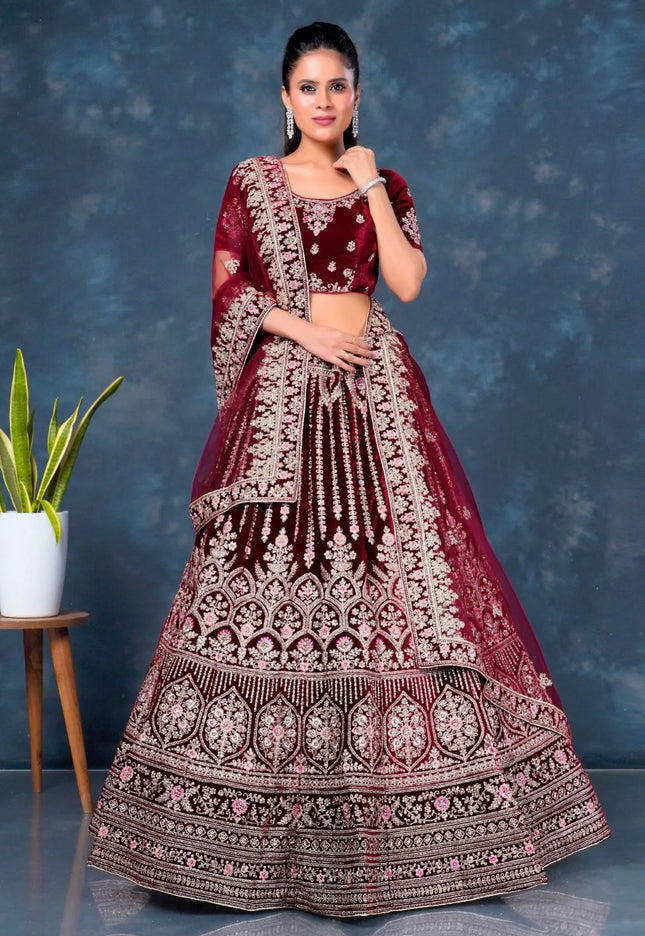 Maroon Velvet Bridal Lehenga Choli For Wedding