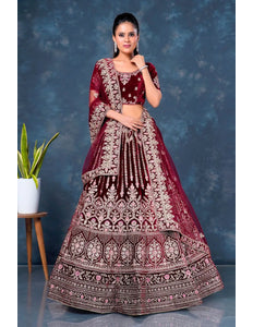 Maroon Velvet Bridal Lehenga Choli For Wedding