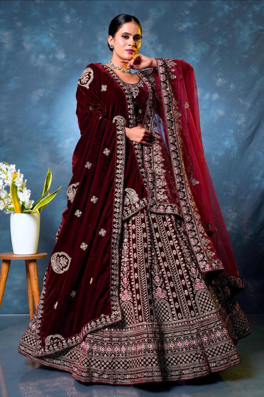 Maroon Velvet Designer Bridal Lehenga Choli Latest Design