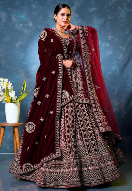 Maroon Velvet Designer Bridal Lehenga Choli Latest Design