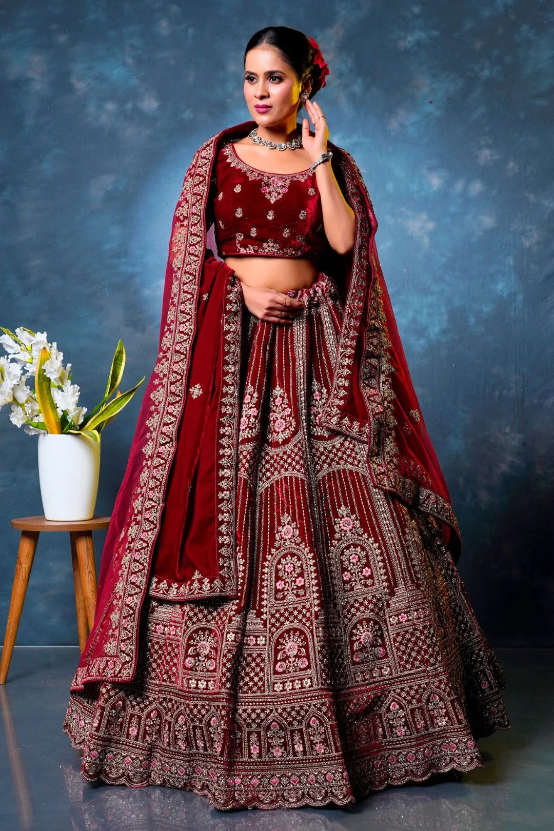 Maroon Velvet Designer Bridal Lehenga Choli with Double Dupatta