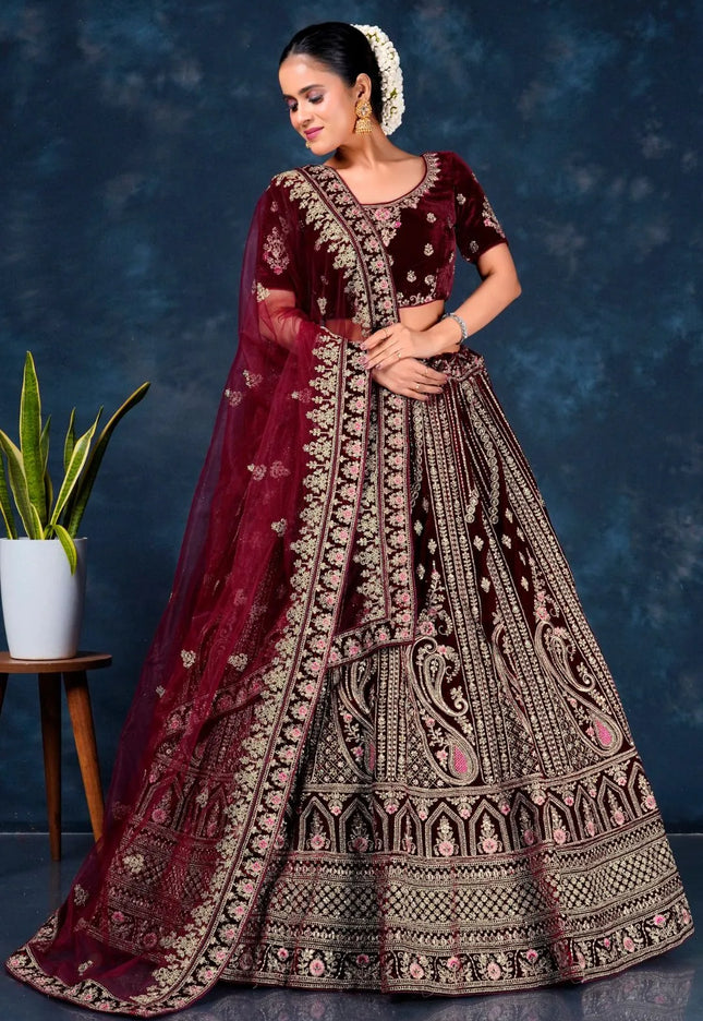 Maroon Velvet Heavy Bridal Lehenga Choli For Wedding