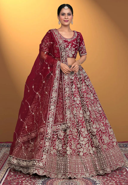 Maroon Velvet Lehenga Choli With Net Dupatta For Women