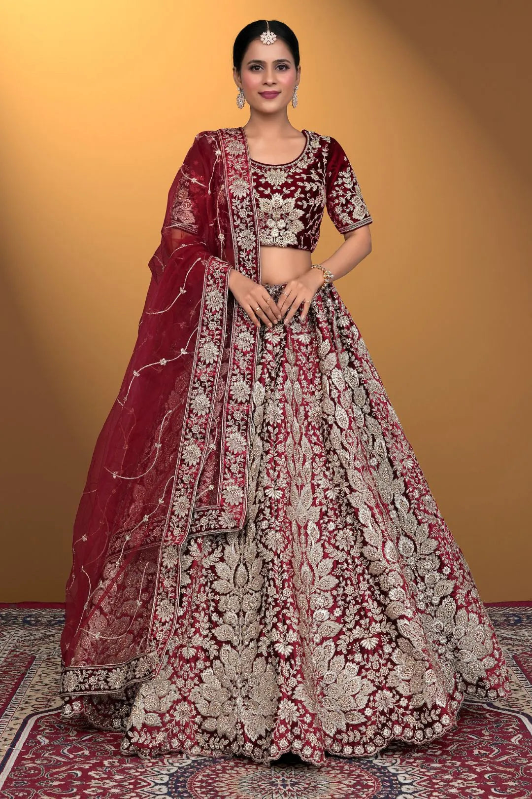 Maroon Velvet Lehenga Choli With Net Dupatta For Women