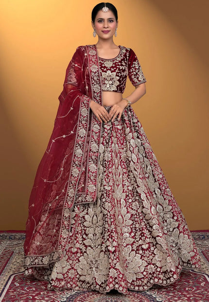 Maroon Velvet Lehenga Choli With Net Dupatta For Women