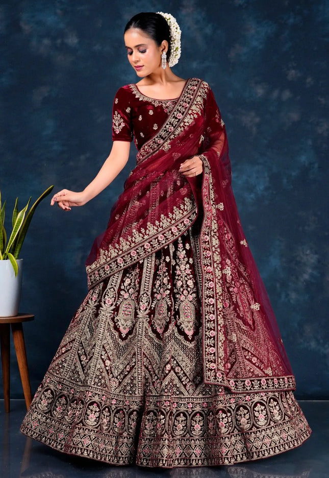 Maroon Wedding Lehenga for Bride in Velvet