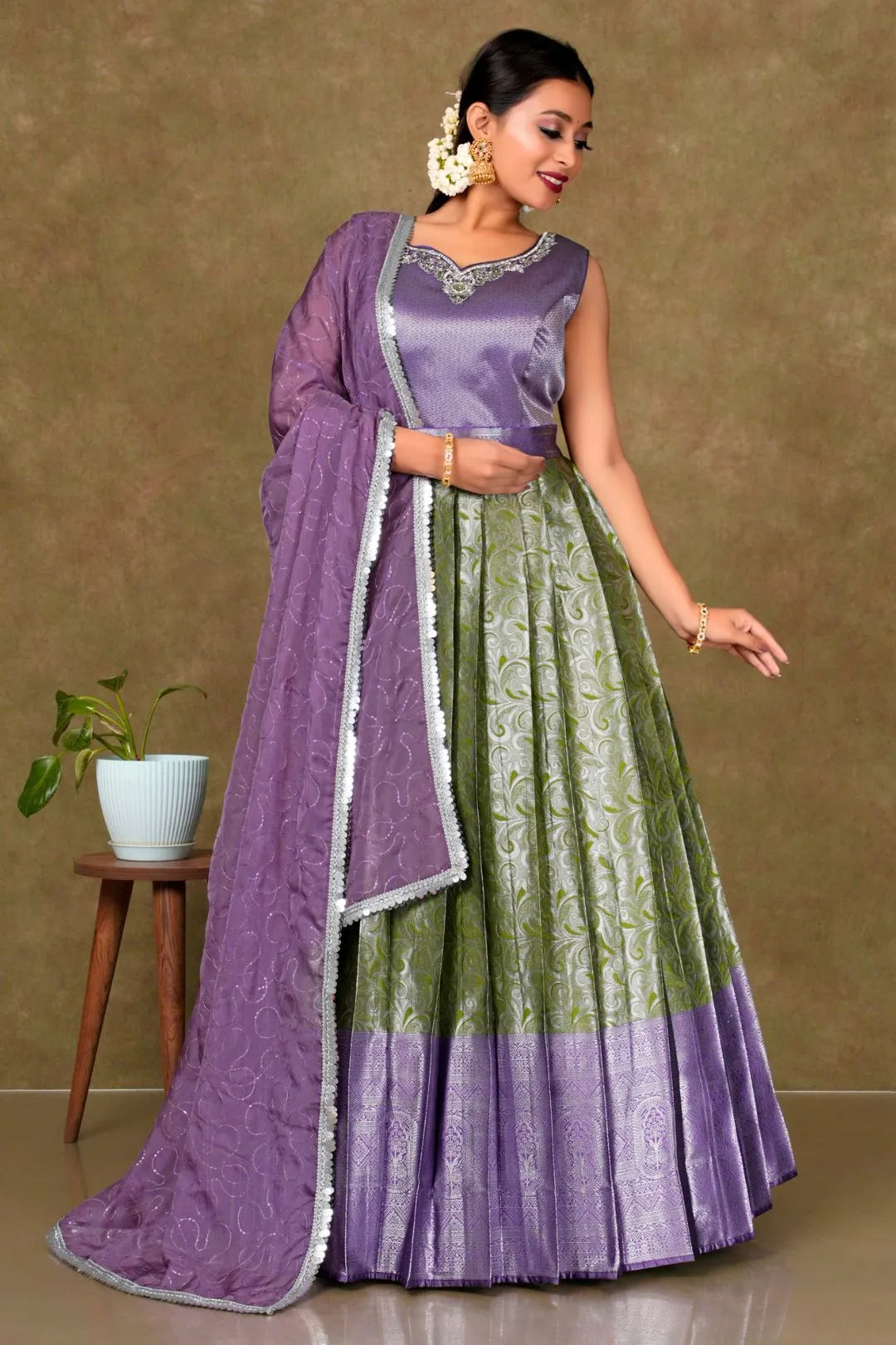 Mehendi Banarasi Long Gown With Dupatta For Women