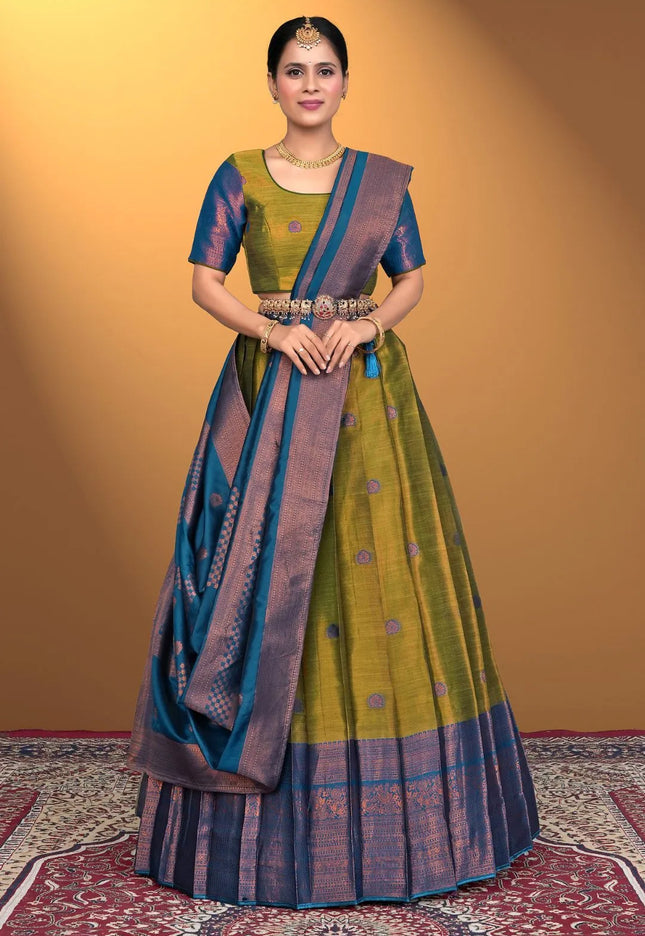 Mehendi Banarasi Pattu Half Saree With Zari Woven