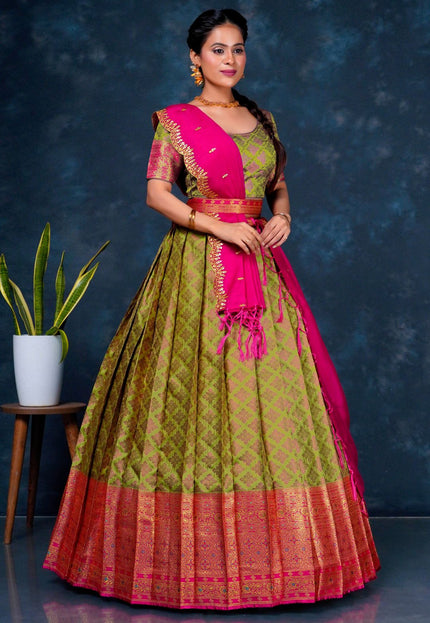 Mehendi Banarasi Silk Lehenga Choli For Women