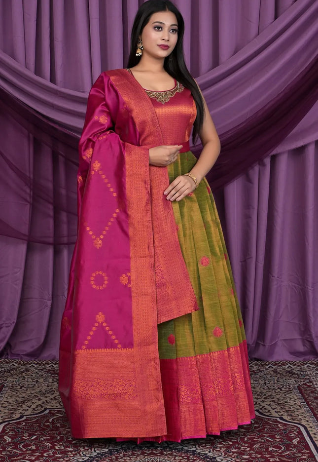 Mehendi Designer Banarasi Gown With Dupatta