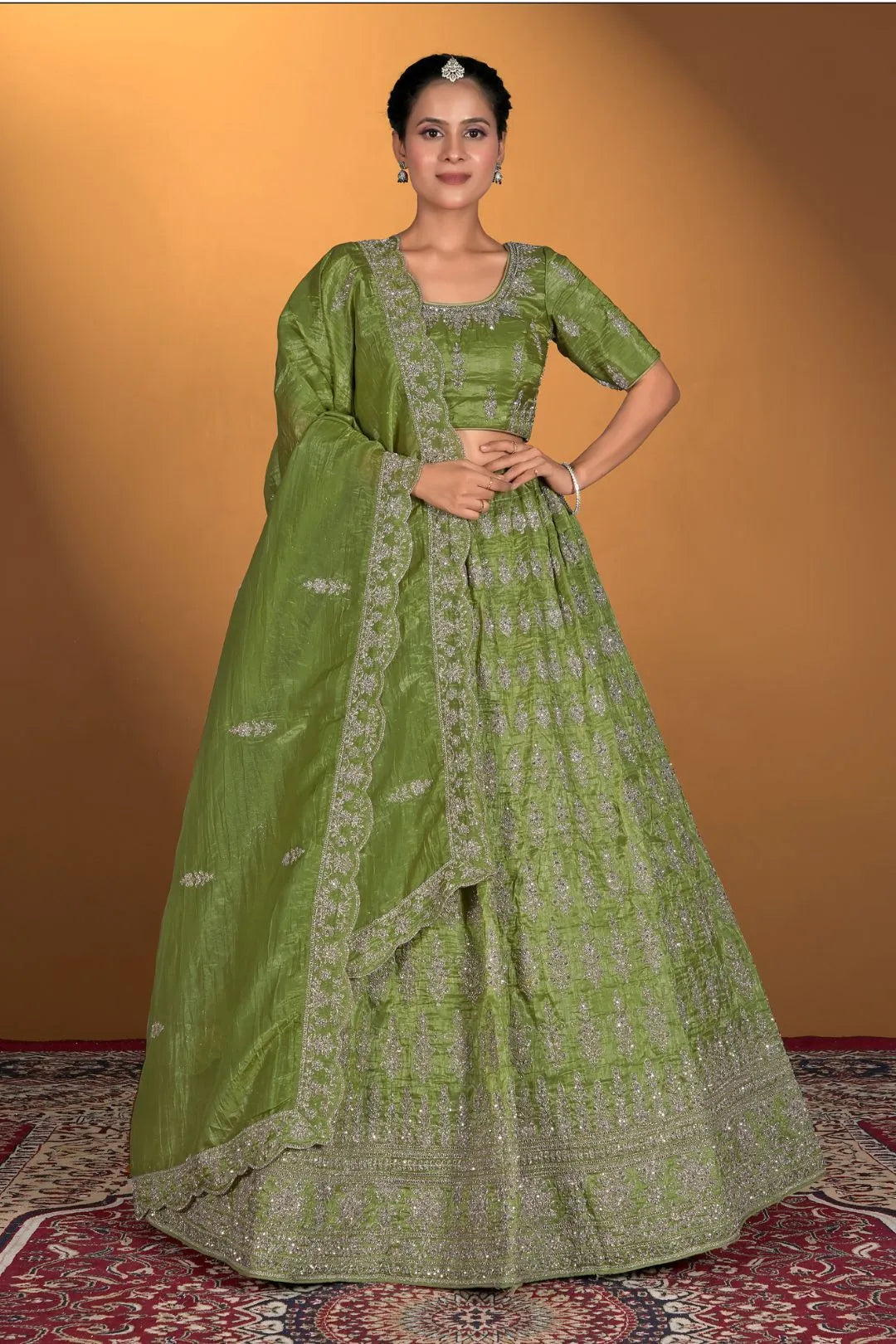 Mehendi Gold Crush Embroidery Lehenga Choli For Women