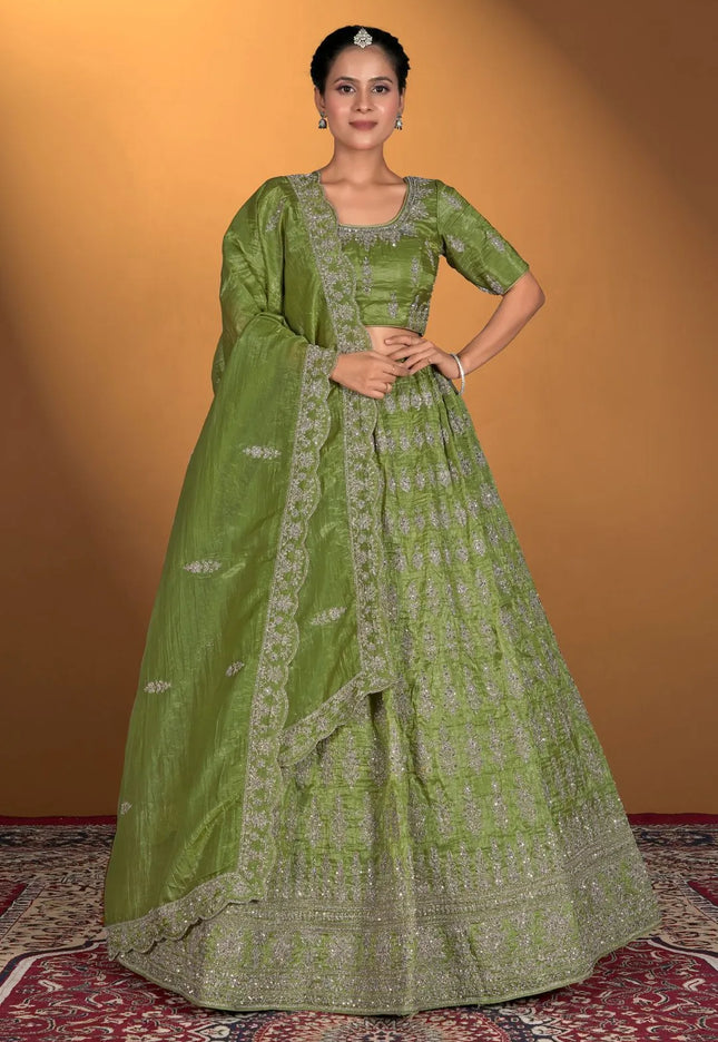 Mehendi Gold Crush Embroidery Lehenga Choli For Women