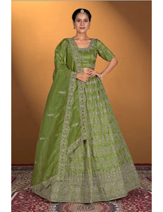 Mehendi Gold Crush Embroidery Lehenga Choli For Women