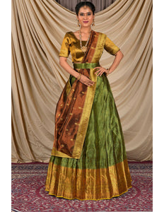Woman wearing a traditional green and gold saree with a matching blouse