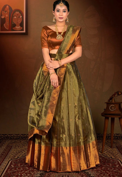 Mehendi Tissue Silk Zari Work Lehenga Choli For Women