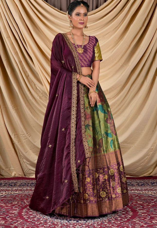 Woman wearing a traditional outfit with a purple dupatta and colorful skirt
