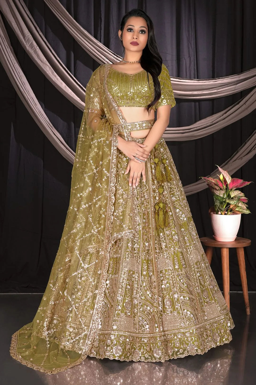 Mehendi Traditional Net Lehenga Choli With Dupatta