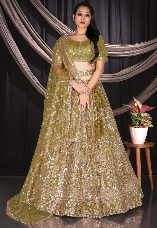 Mehendi Traditional Net Lehenga Choli With Dupatta
