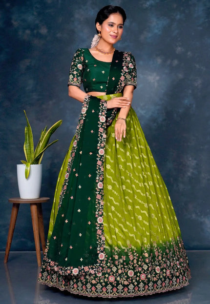 Mehendi Viscos Muslin Lehenga With Green Dupatta