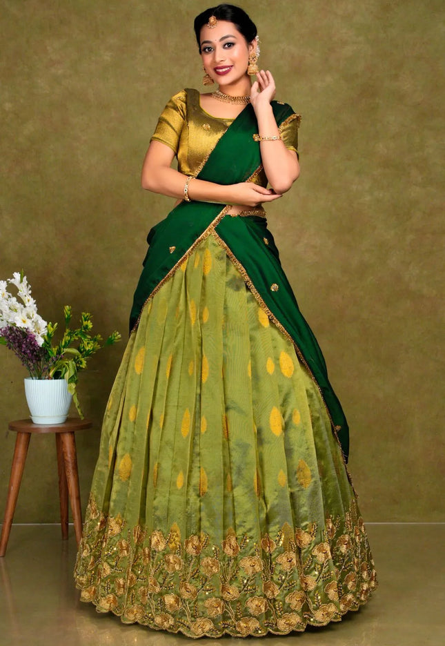 Mehendi Zari Woven Tissue Silk Lehenga Choli For Women