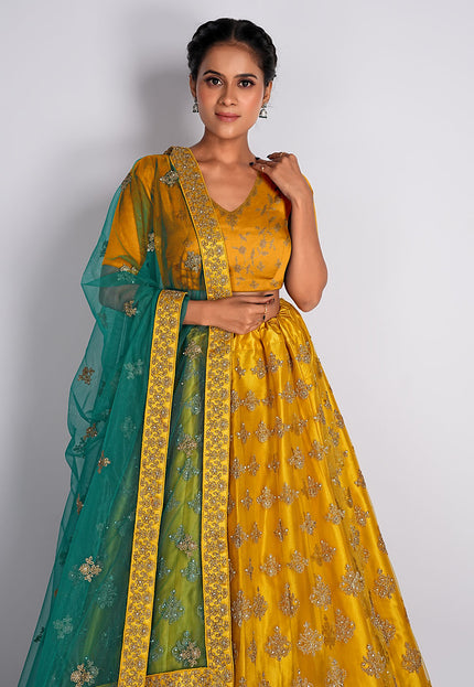 Mustard Party Wear Net Lehenga