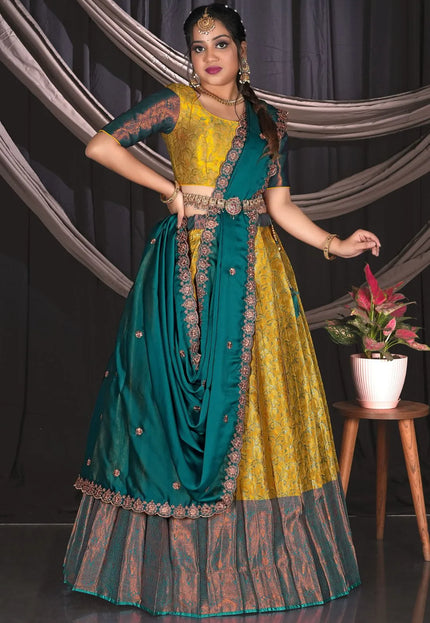 Mustard Banarasi Half Saree With Zari Work