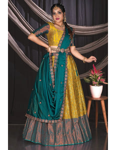 Mustard Banarasi Half Saree With Zari Work