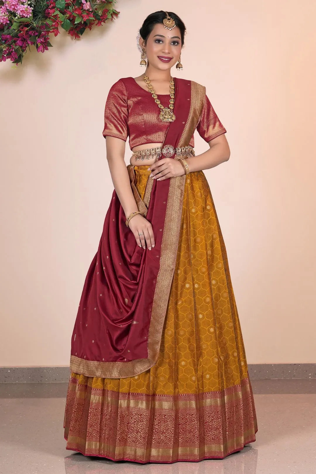 Mustard Banarasi Pattu Pavadai For Women