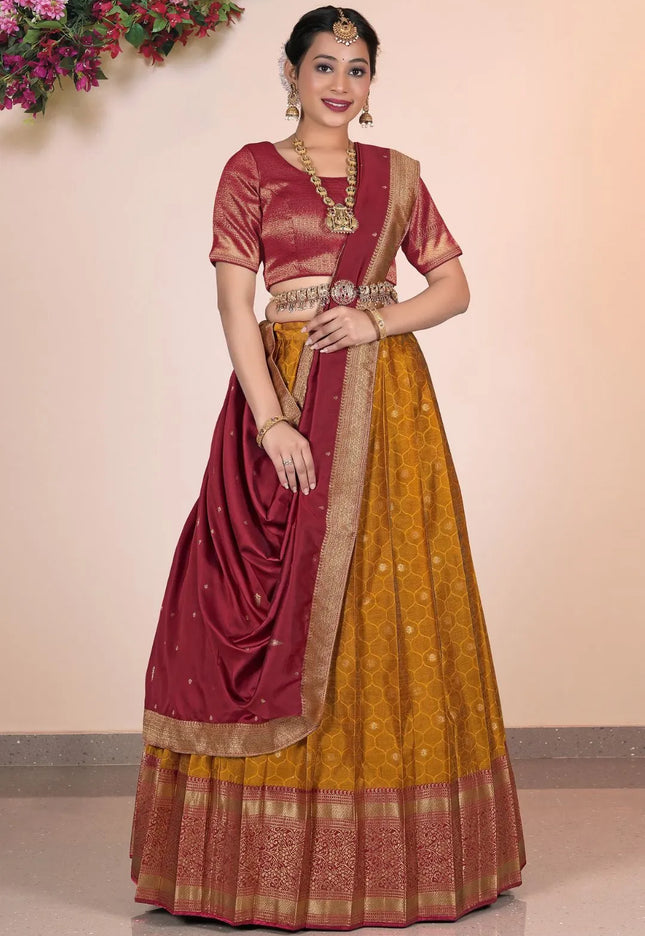 Mustard Banarasi Pattu Pavadai For Women