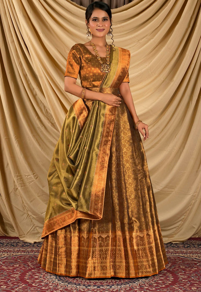 Woman wearing a traditional patterned lehenga choli with dupatta
