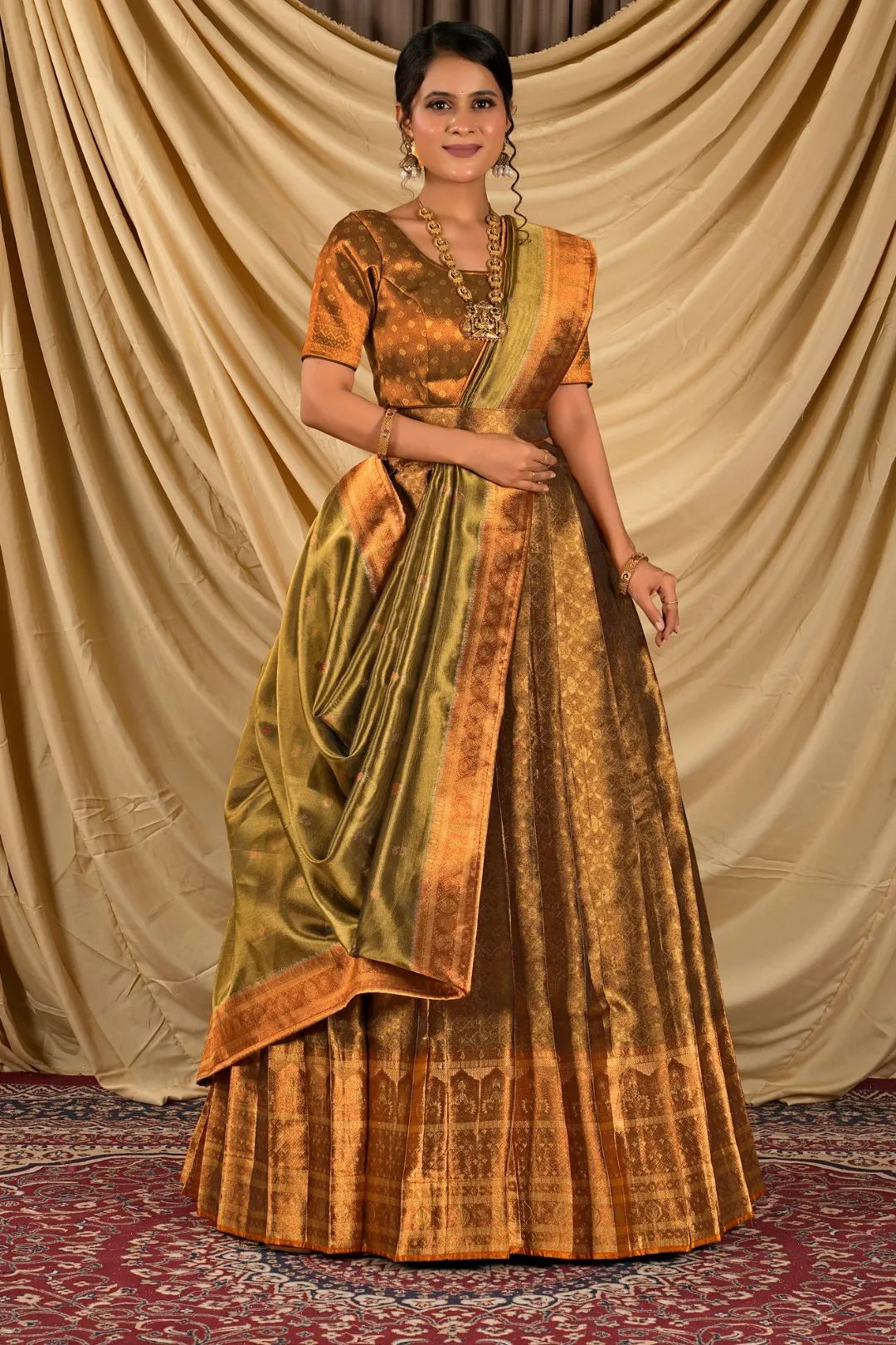 Mustard Pure Two Tone Zari Tissue Lehenga Choli For Women