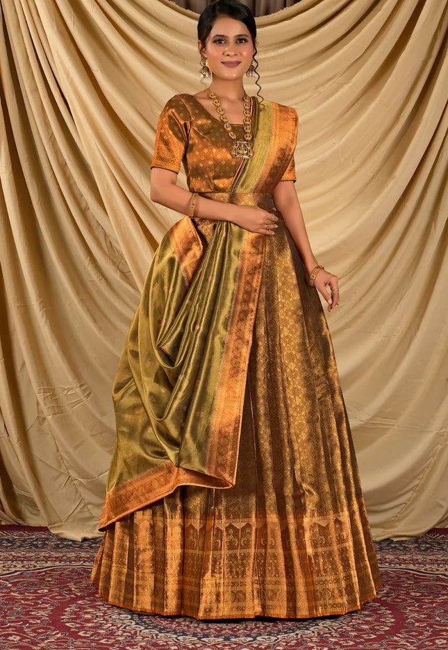 Mustard Pure Two Tone Zari Tissue Lehenga Choli For Women