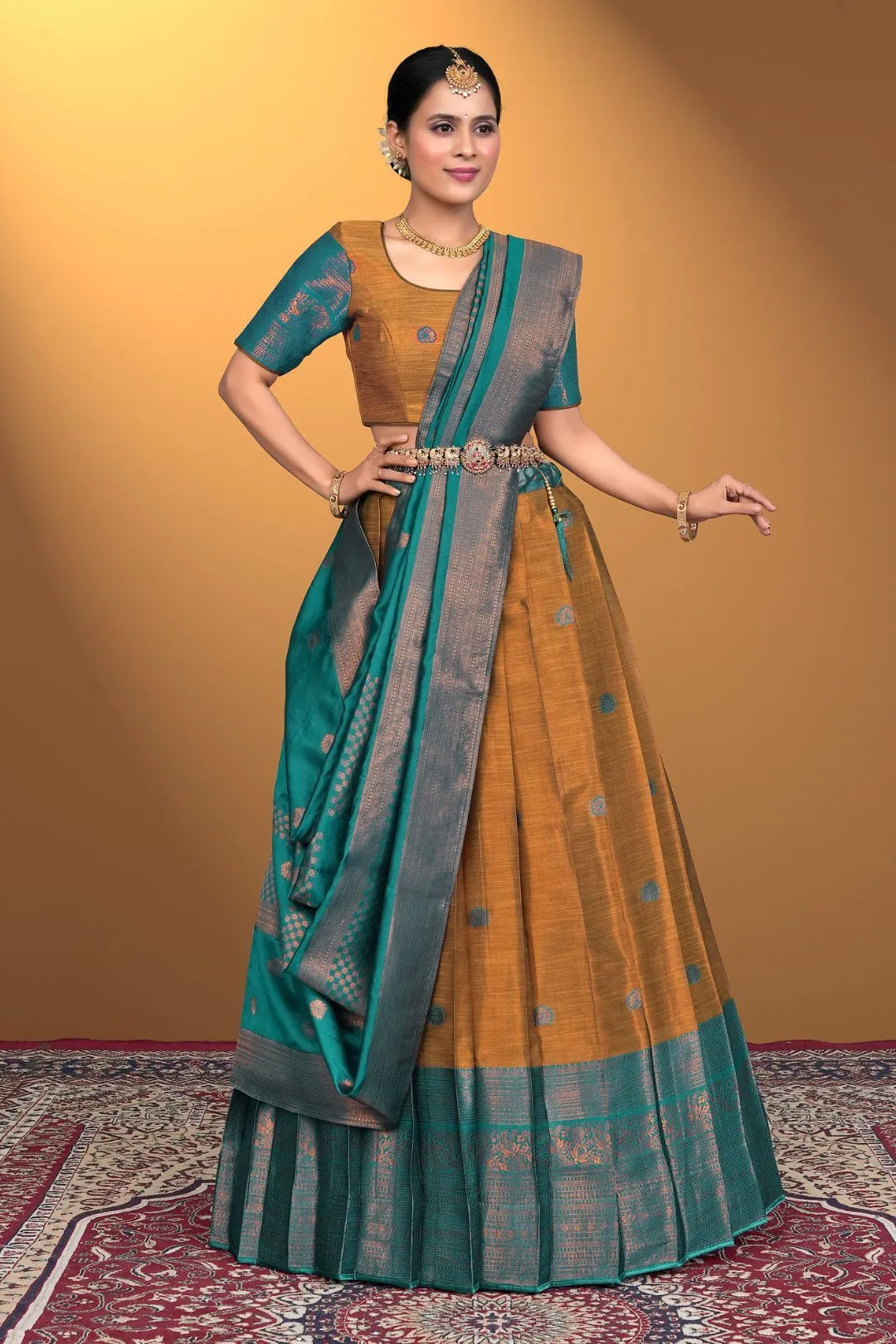 Musterd Banarasi Pattu Half Saree With Zari Woven