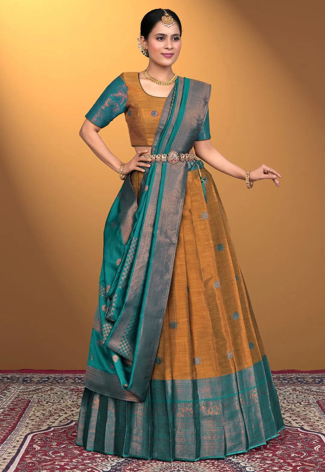 Musterd Banarasi Pattu Half Saree With Zari Woven