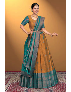 Musterd Banarasi Pattu Half Saree With Zari Woven