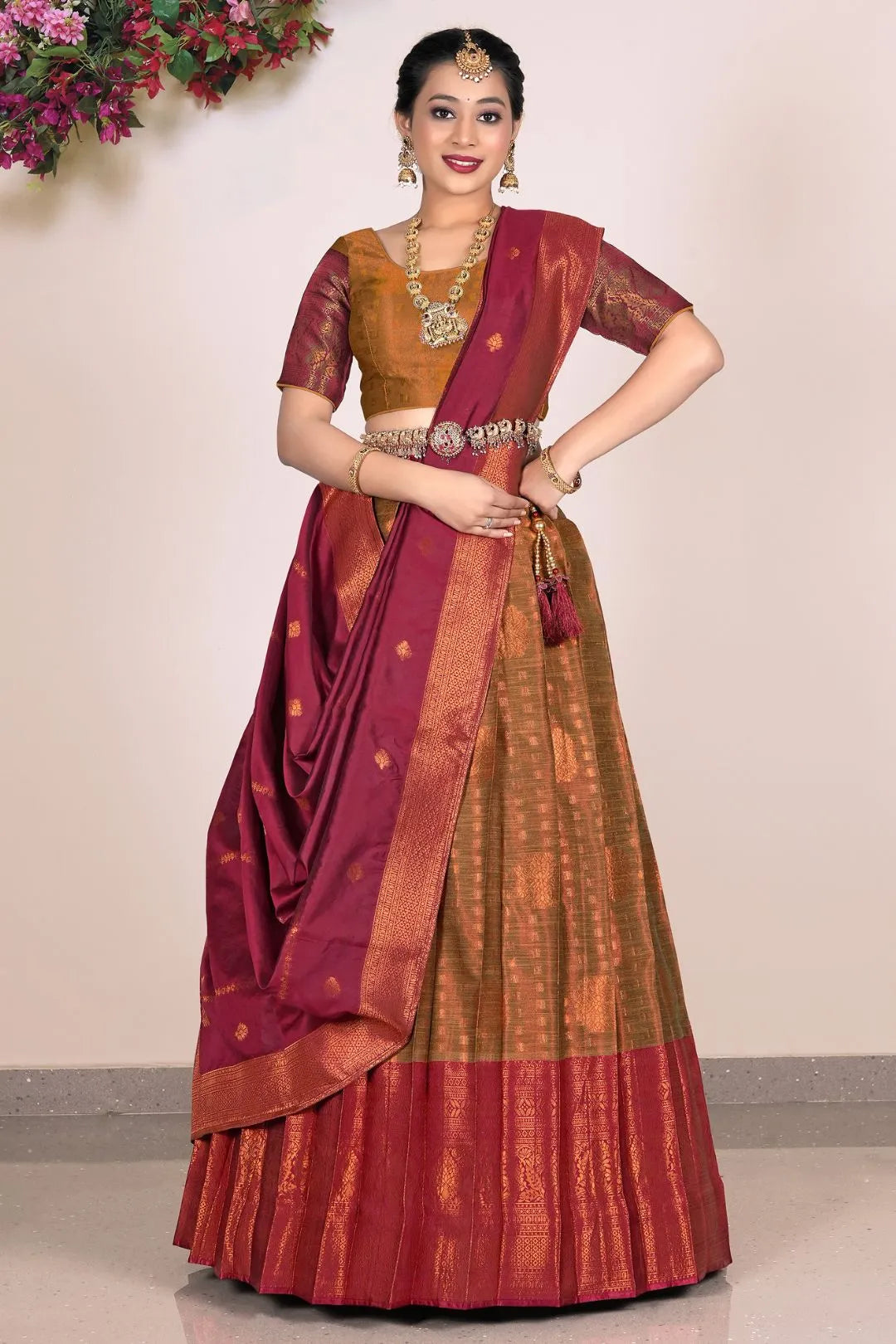 Musterd Banarasi Silk Half Saree Lehenga For Women