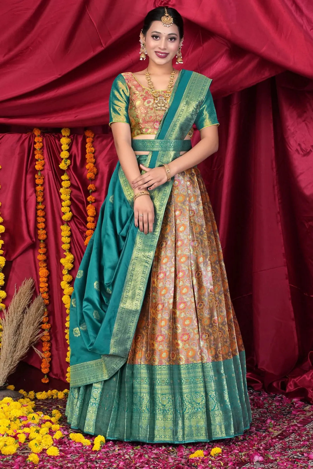 Musterd Banarasi Silk Half Saree With Zari Weaving