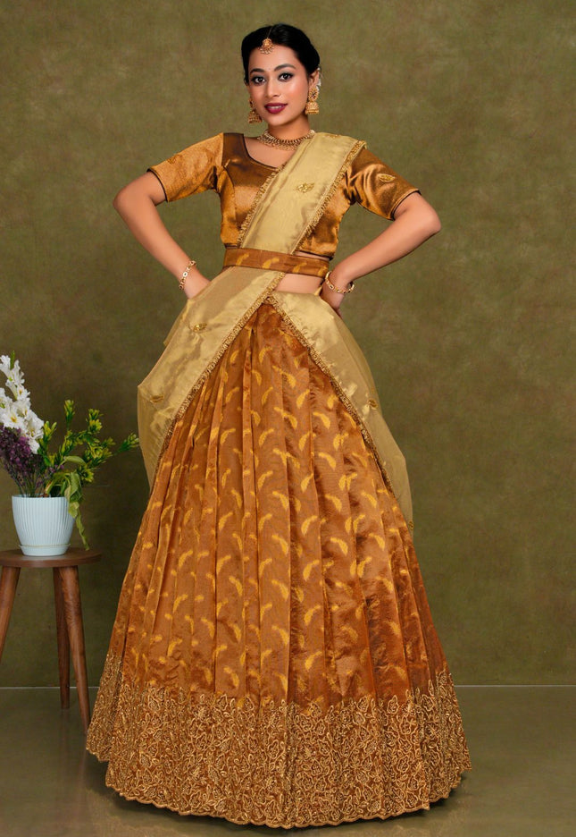 Woman wearing a traditional brown and gold outfit with a patterned skirt