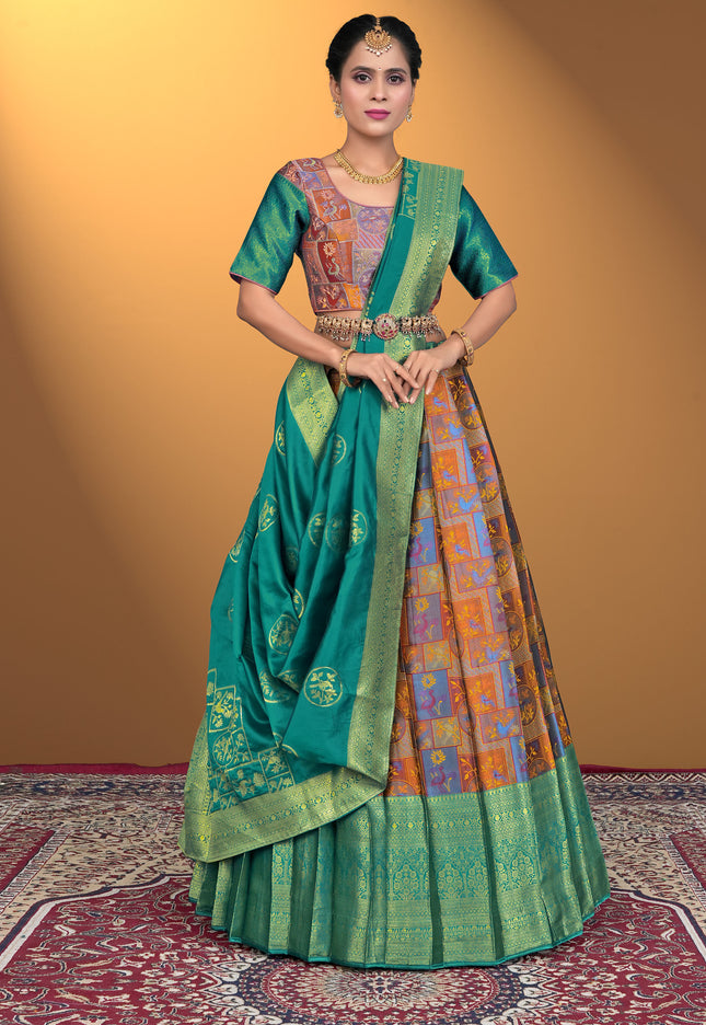 Women Wearing a Musterd_Jacquard_Fabric_Half_Saree_With_Digital_Print