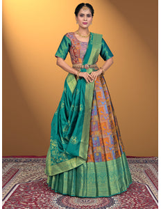 Women Wearing a Musterd_Jacquard_Fabric_Half_Saree_With_Digital_Print