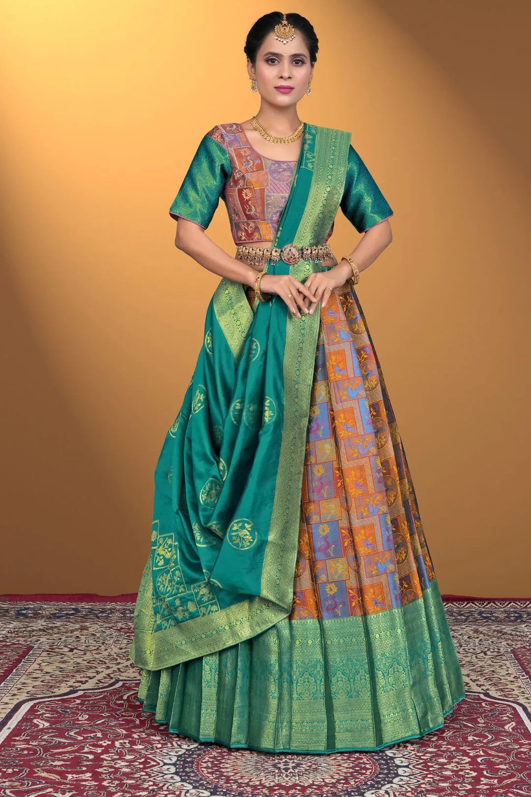 Musterd Jacquard Fabric Half Saree With Digital Print