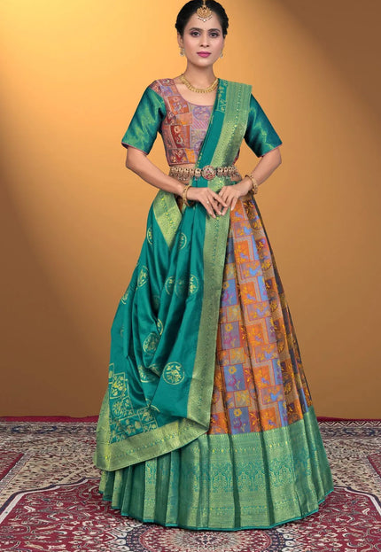 Musterd Jacquard Fabric Half Saree With Digital Print