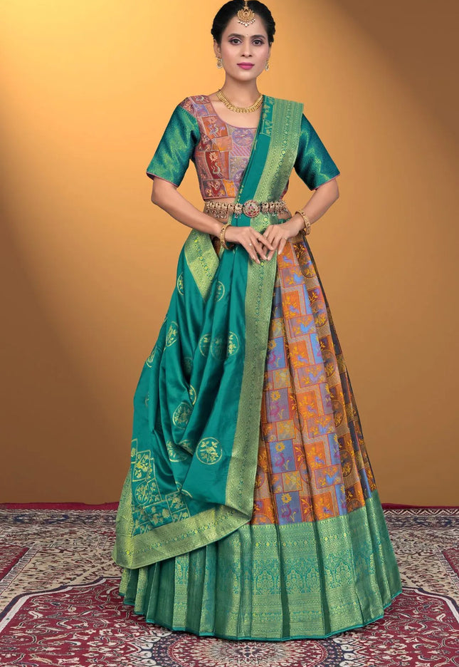 Musterd Jacquard Fabric Half Saree With Digital Print