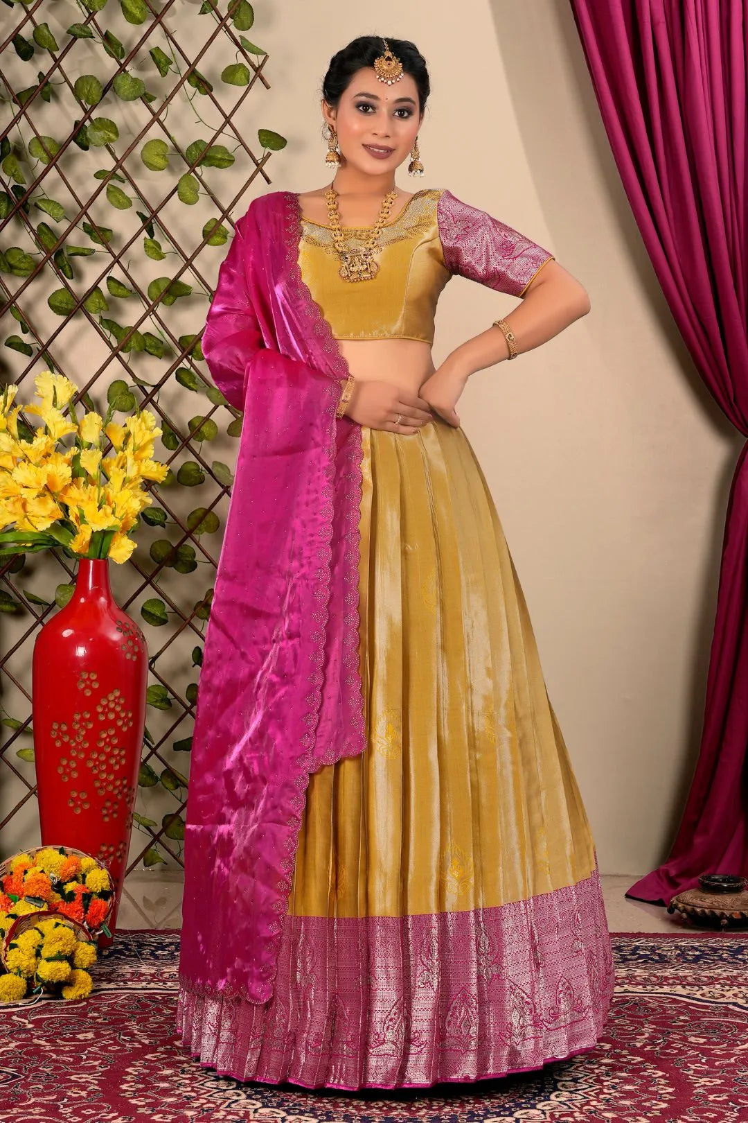 Musterd Jacquard Silk Half Saree For Women