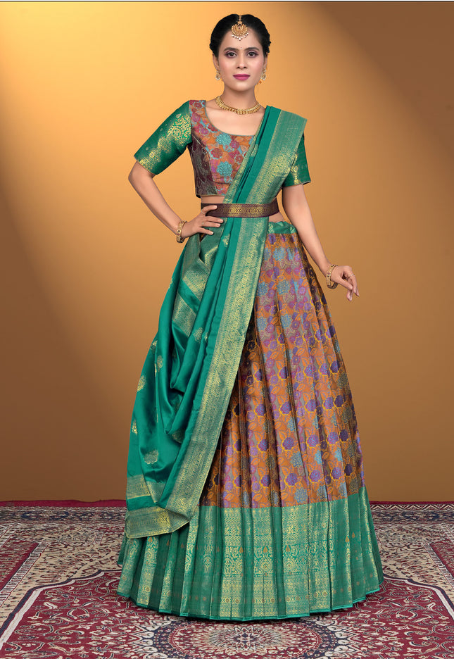 Woman wearing a traditional lehenga choli with a patterned blouse