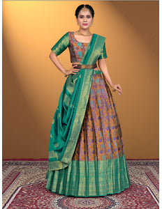 Woman wearing a traditional lehenga choli with a patterned blouse